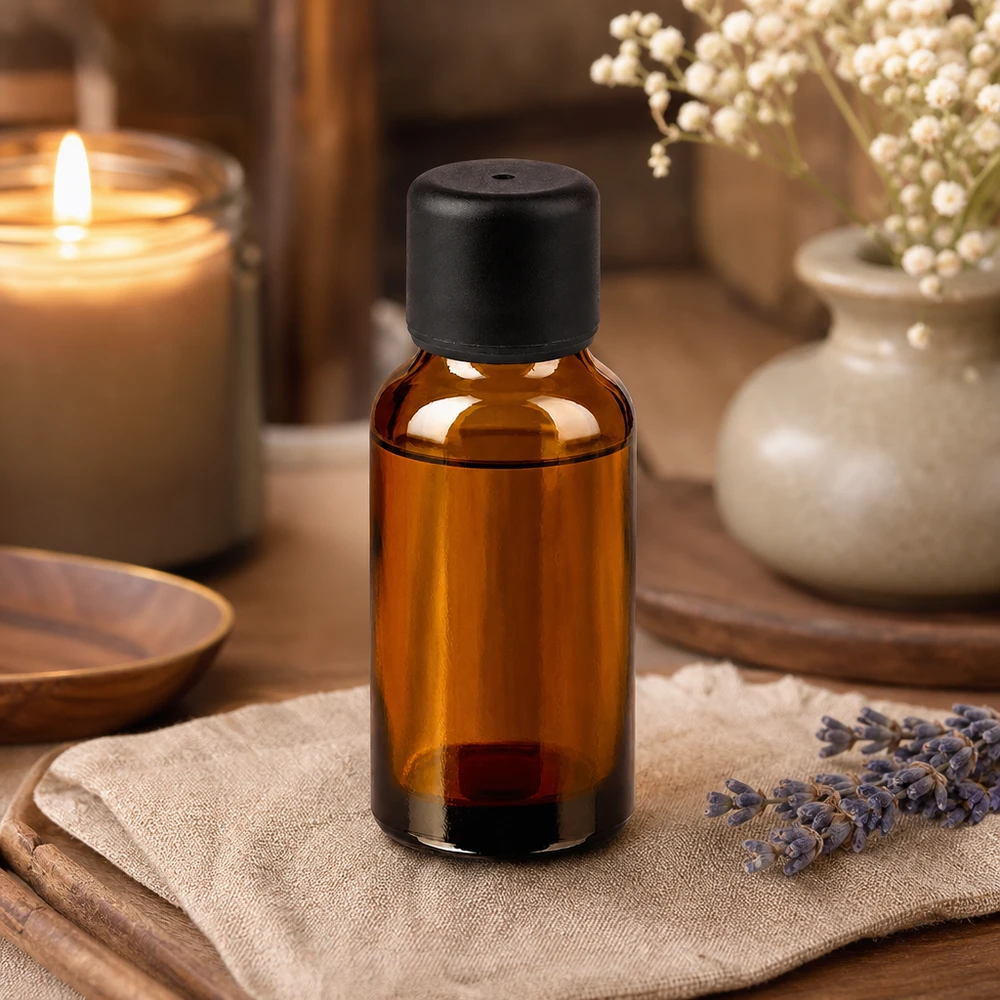 Premium 20 ml amberkleurig glazen flesje STD-formaat met zwarte plastic dop