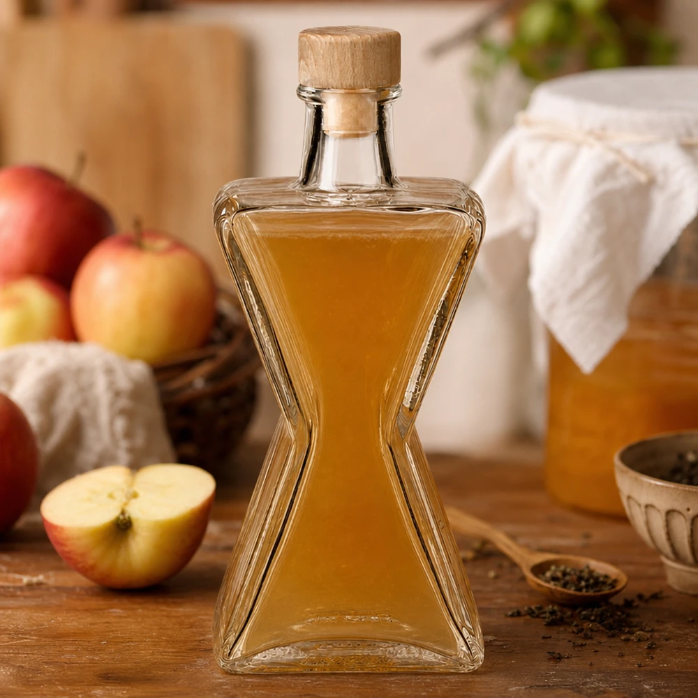 200 ml glazen fles Star met houten kurk UNiTWIST® 200 ml glazen fles Star gevuld met appellikeur - houten kurk UNiTWIST gepresenteerd met verse appels in een keukenscène