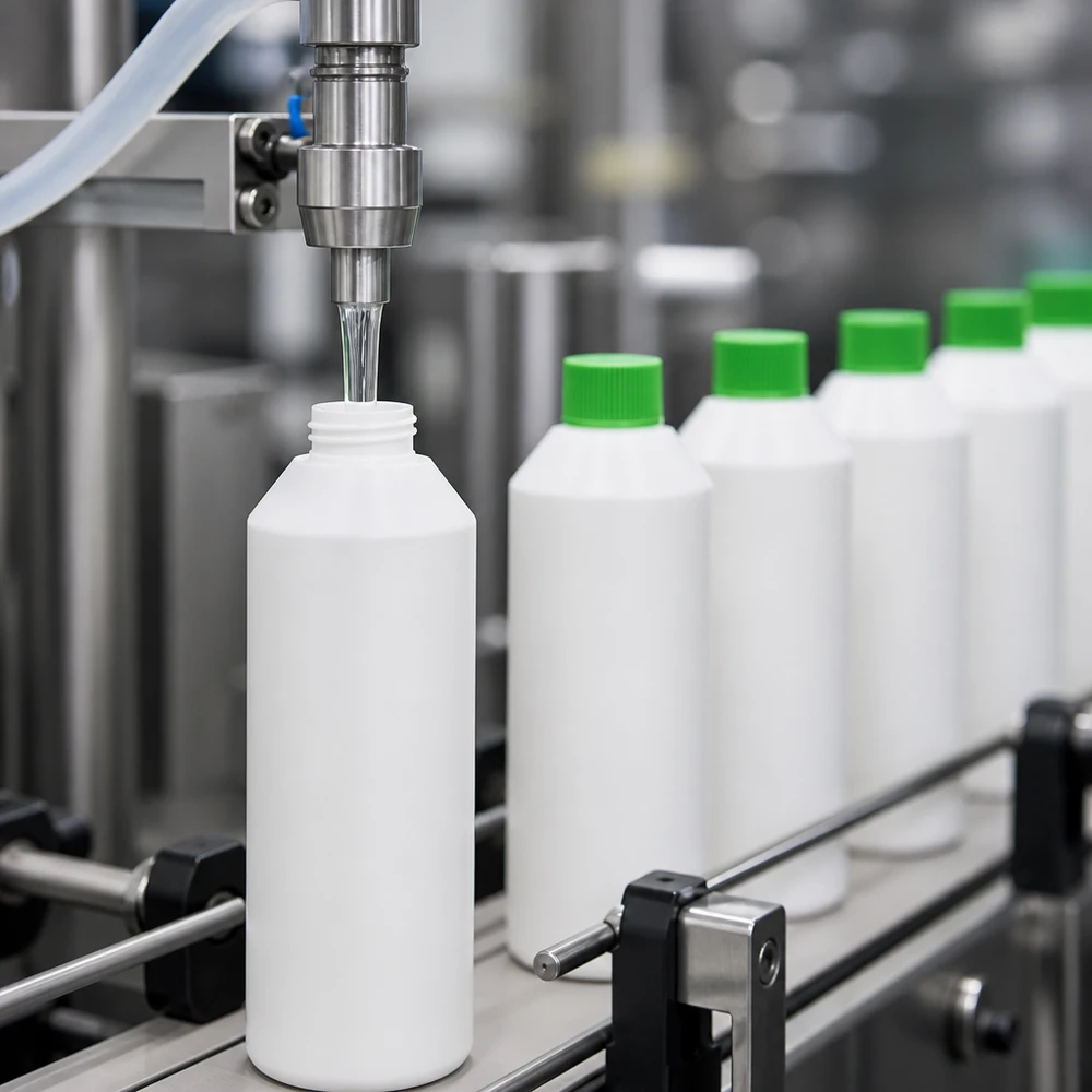 Witte, cilindrische HDPE-apotheekflessen van 250 ml met groene SV, in industriële massaproductie