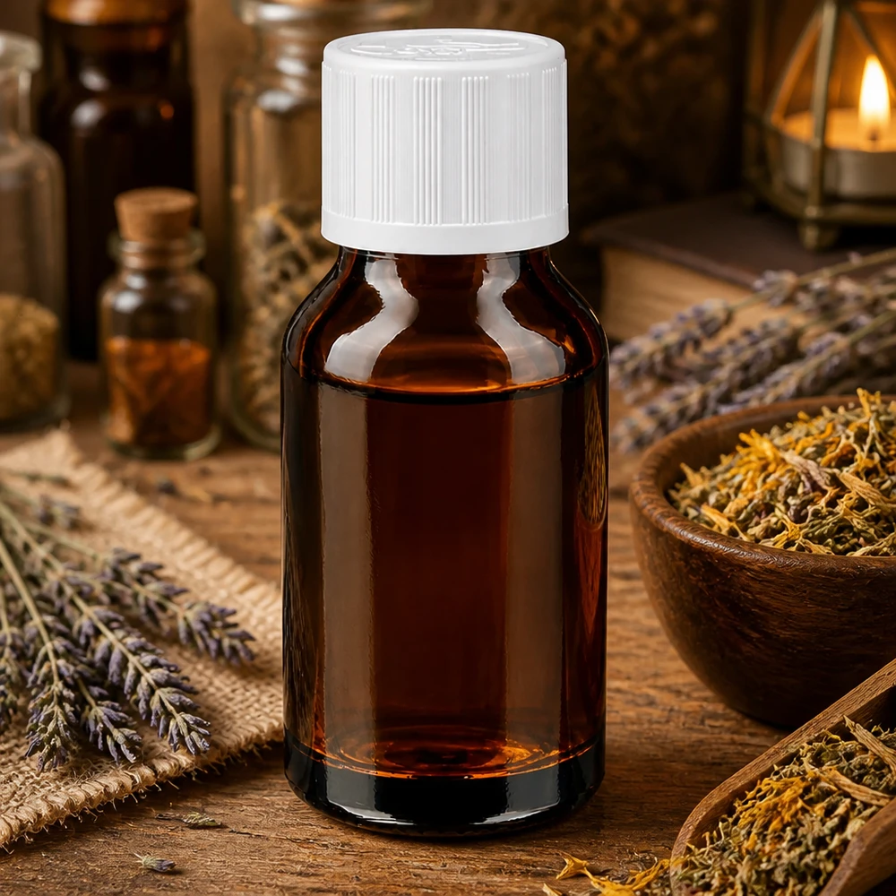 Bruinglasflesje van 30 ml met witte KiSi-dop voor kruidenextracten en etherische oliën voor aromatherapie
