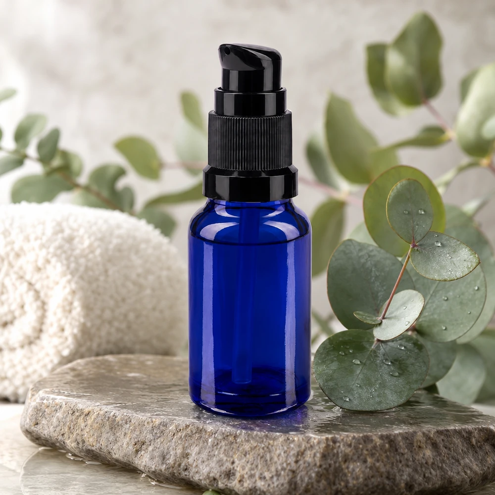Blauw apothekersglas van 10 ml met doseerpomp, ideaal voor gezichtsverzorging en oliën
