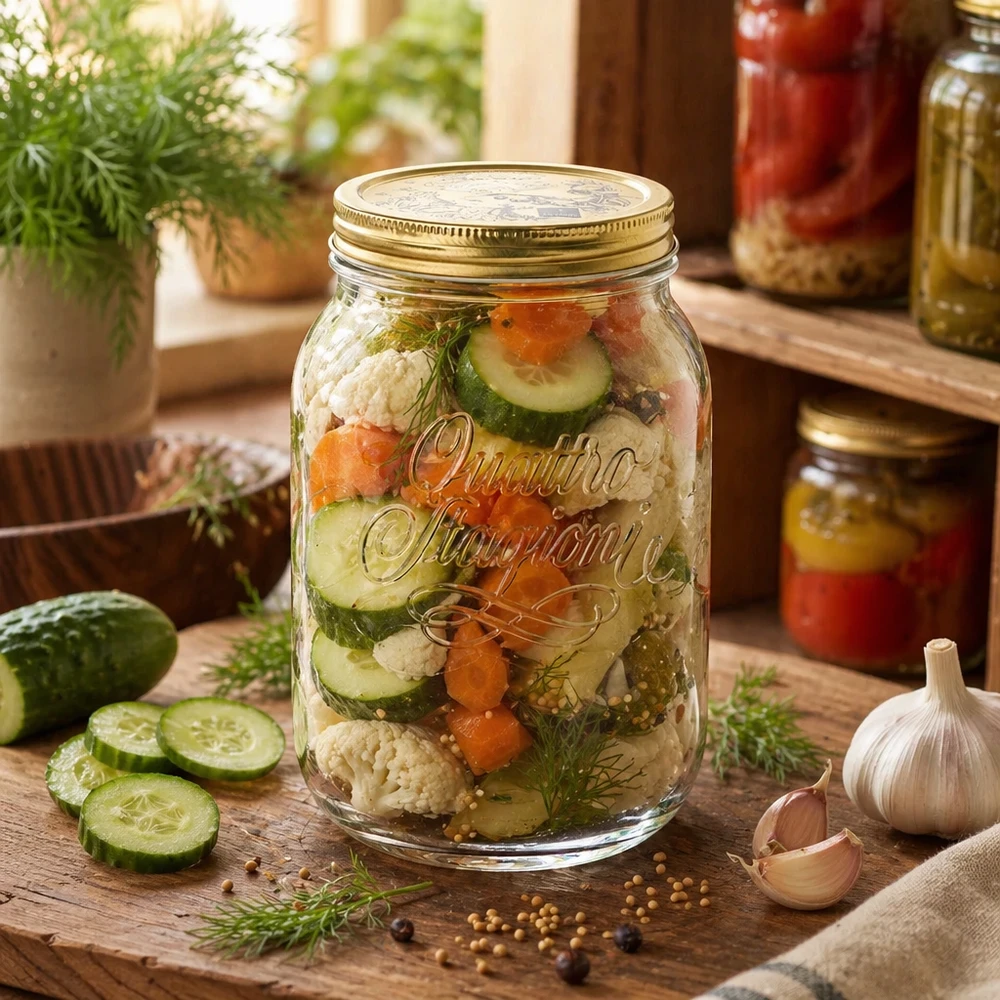 Quattro Stagioni inmaakpot van 2 liter met ingemaakte groenten en dille - traditionele conservering met augurken en bloemkool