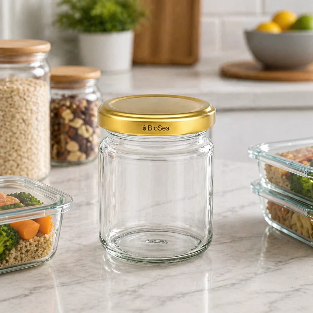 53ml rond glas met BioSeal deksel goud UNiTWIST UNiTWIST Runda53 voorraadpot met gouden TO43 BioSeal deksel op marmeren aanrecht tussen keukencontainers