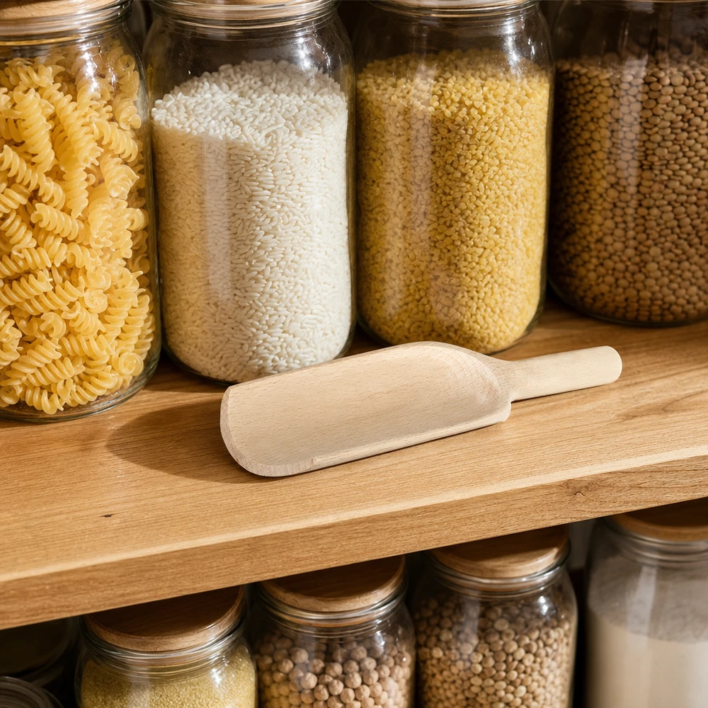 Houten schep L 18cm in georganiseerde voorraadkast met glazen potten vol pasta rijst couscous en peulvruchten