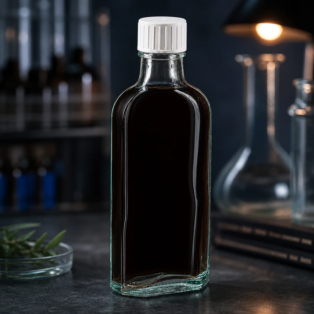 100 ml witte meplatfles met DIN 22 monding, inclusief schroefsluiting DIN 22 wit met gietring Een Meplat-flesje van 100 ml met een zwarte vloeistof en een witte schroefdop in het laboratorium