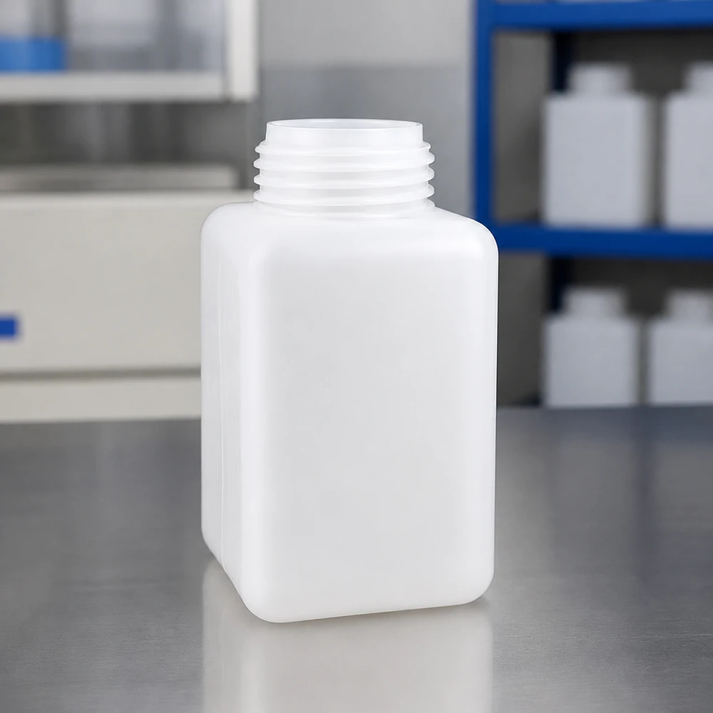 Chemicaliënfles 1000 ml, wijde hals Rechthoekige fles met brede hals, 1000 ml, van hoogdicht polyethyleen in natuurlijke kleur, voor laboratoriumgebruik