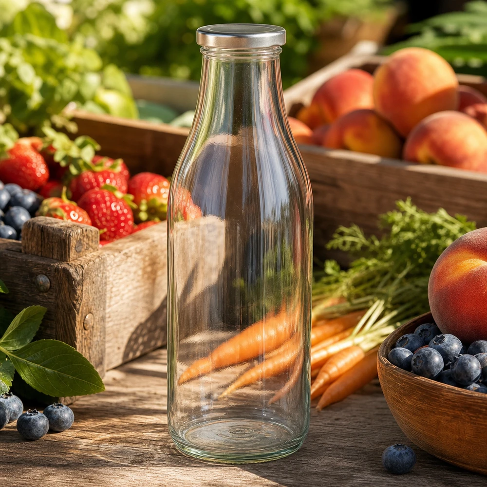 1000ml glazen fles BasicSeal zilver tussen vers fruit en groenten op houten tafel natuurlijke marktkraam sfeer