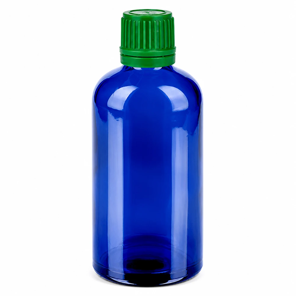 100ml fles 11mm SV groen OV BlueLine UT18/100 Hoogwaardige glazen fles 100ml blauw met groene druppeldop voor farmaceutisch gebruik