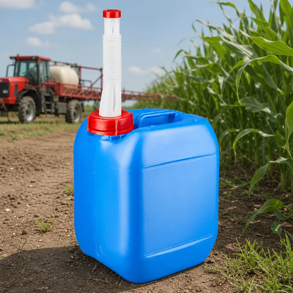 Voedselveilige jerrycan van 5 liter, blauw, met flexibele vulbuis en veiligheidssluiting