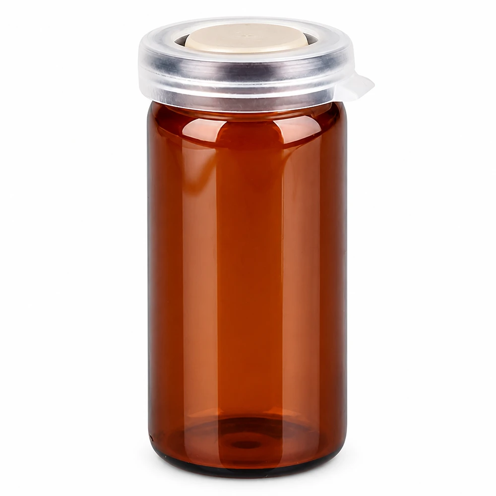 Bruin farmaceutisch glas 10 ml met rubberen stop en aluminium deksel voor medicijnen