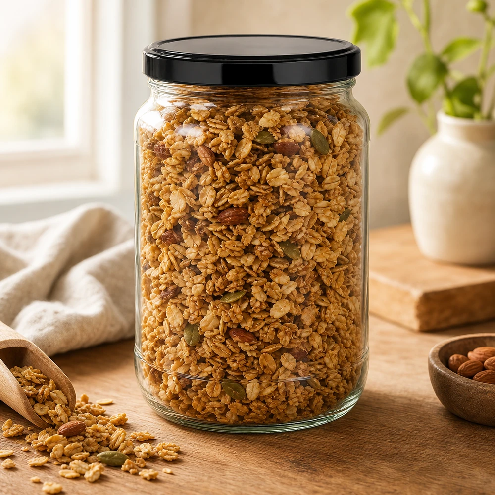 Muesli Granola in 1700ml ronde pot zwart BasicSeal deksel houten schep noten granen opslag