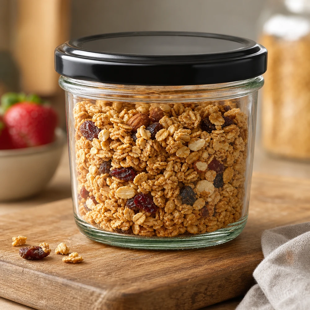 Metselpot van 230 ml gevuld met muesli en gedroogd fruit toont veelzijdig gebruik voor voedselopslag