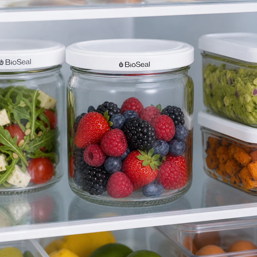 408ml rond glas met BioSeal deksel wit UNiTWIST UNiTWIST Runda408 gevuld met verse bessen in de koelkast - optimale versheid van fruit met BioSeal deksel