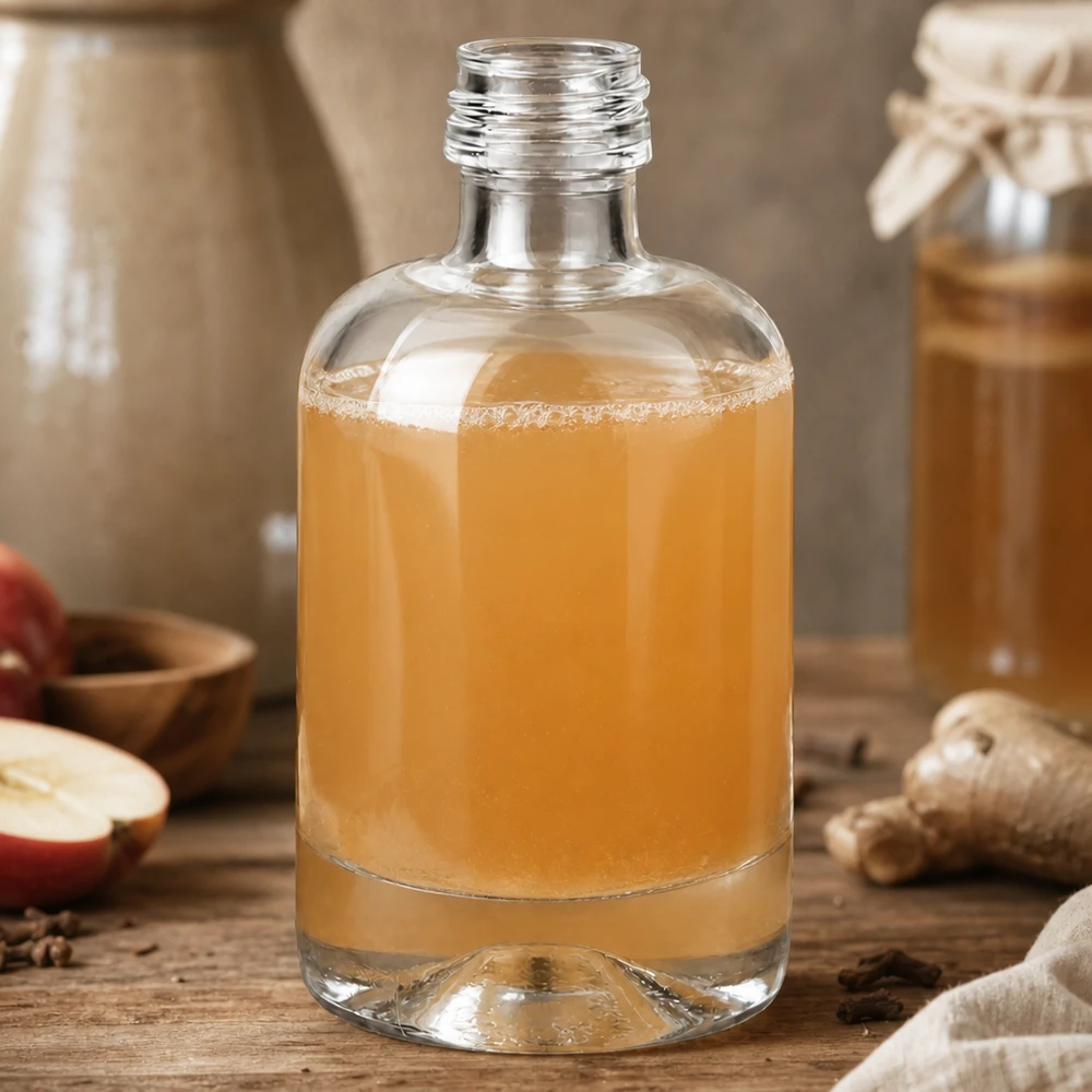 40ml glazen fles Sara met amberkleurige inhoud in een rustieke sfeer met kruiden en fruit zonder dop