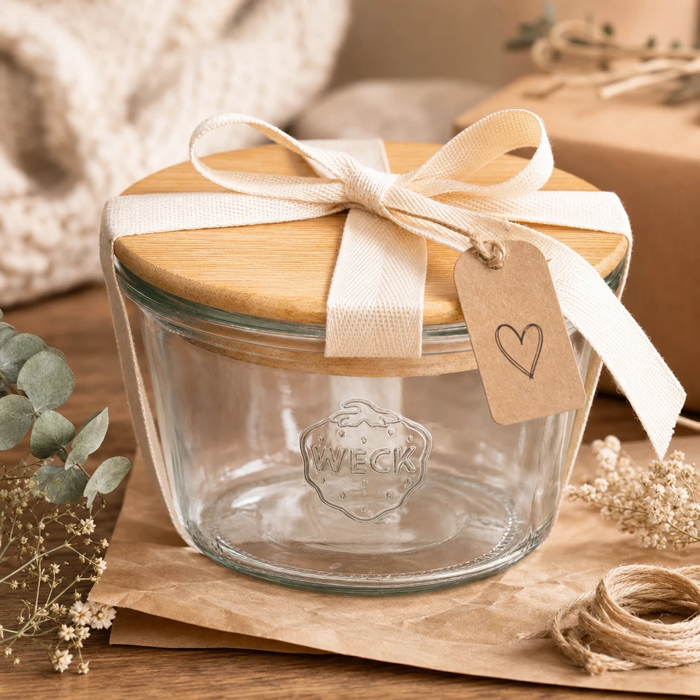 370ml stortglas WECK RR100 met hout deksel WECK RR100 bekers met houten deksel, geschenkverpakking met crèmekleurige strik en hartenhanger