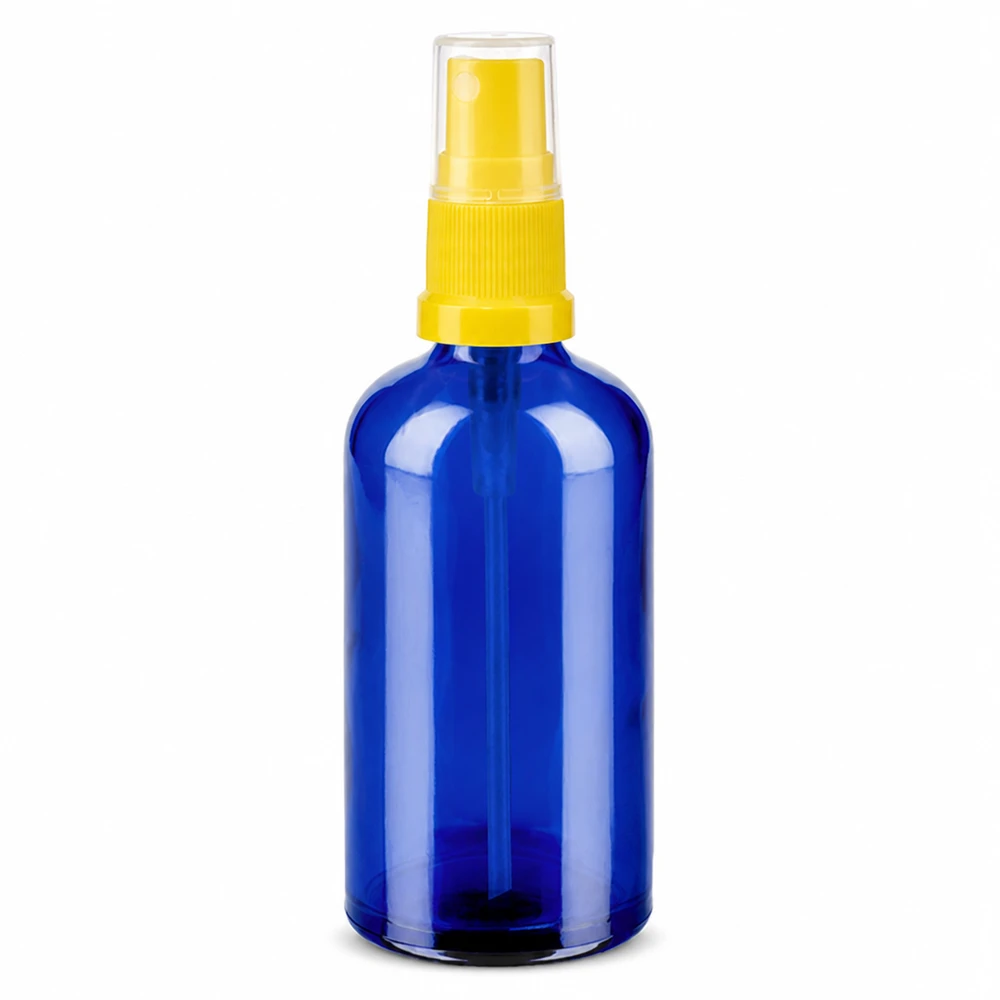 100ml spuitfles geel/tr. STD BlueLine UT18/100 100ml blauwe glazen fles met gele sproeikop voor cosmetica en aromatherapie