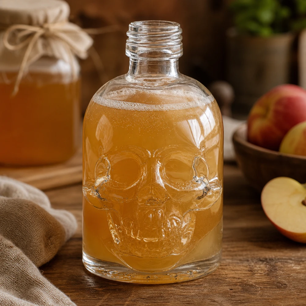 Schedel glazen fles 50ml Hector gevuld met amberkleurige vloeistof op een rustieke houten tafel met appels