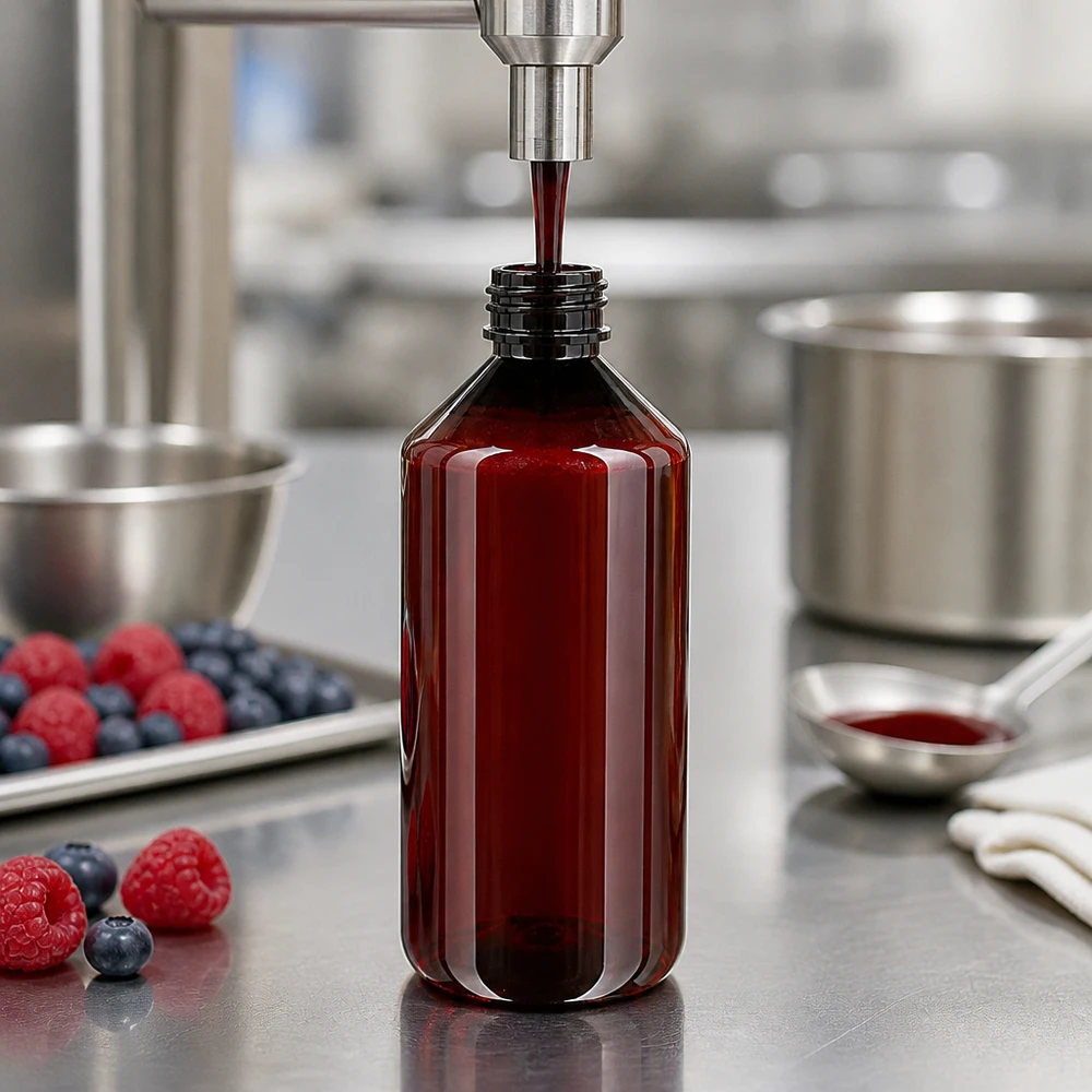 50 ml PET medicijnfles met verstuiver zwart GCMI 28/410 incl. dop transparant, standaard PET-fles van 1000 ml voor frambozen- en bosbessensap met groene originele dop