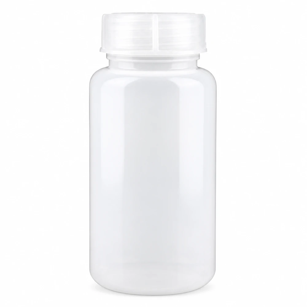 Wijde hals laboratoriumfles 1000ml met sluiting Cilindrische witte kunststof fles van 1000 ml met brede hals en geribbelde schroefdop
