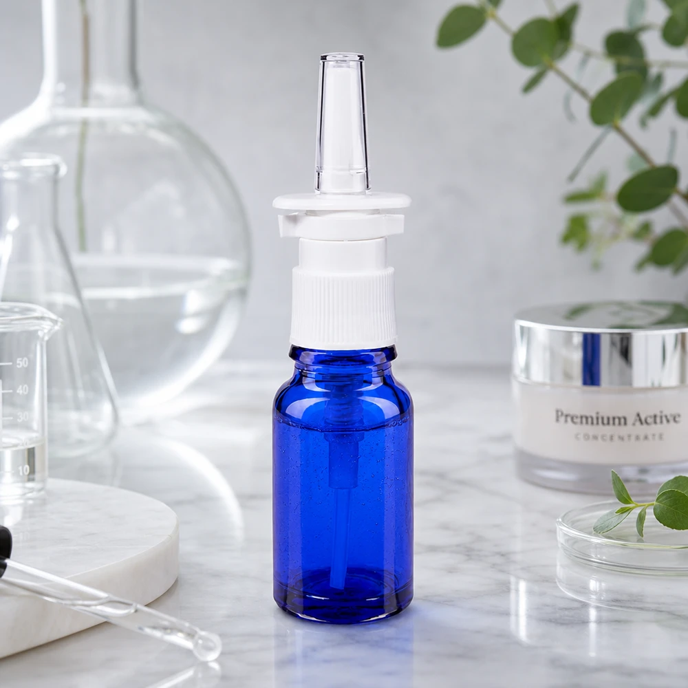 Kobaltblauw apothekersflesje van 10 ml met neusspray-opzetstuk voor medisch gebruik