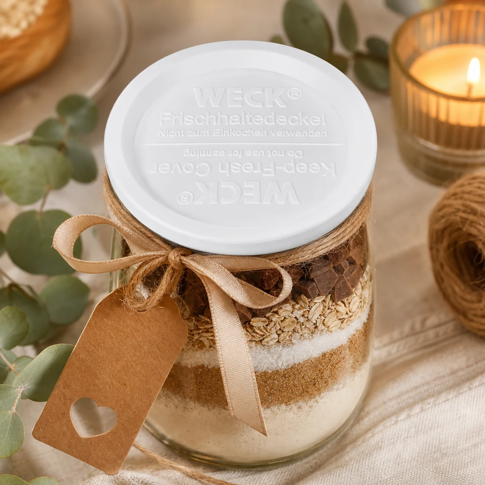 WECK keep-fresh deksel RR120 op bak ingrediënten pot met chocolade havervlokken beige strik decoratie keuken