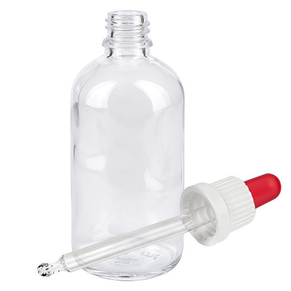 100ml pipetfles wit/rood OV ClearLine UT18/100 100 ml ClearLine-pipetflesje met druppelpipet en rood rubberen balletje, wit UT18