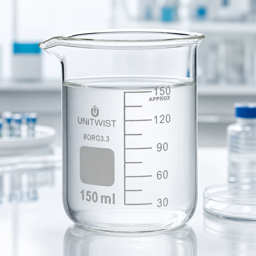 Beker 150ml borosilicaat, lage vorm UNiTwist UNiTwist bekerglas 150 ml, hittebestendig borosilicaatglas 3.3, lage cilindrische vorm