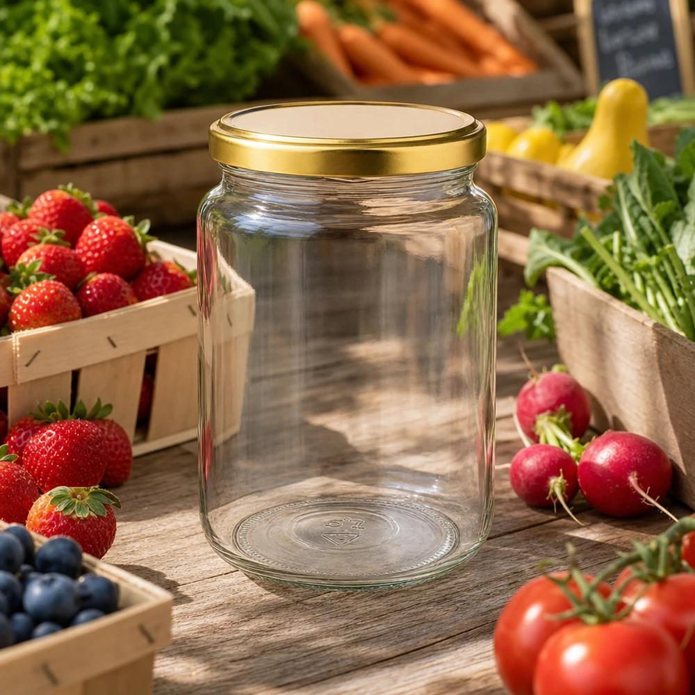 795ml inmaakpot met gouden deksel tussen vers fruit en groenten op houten tafel in keuken