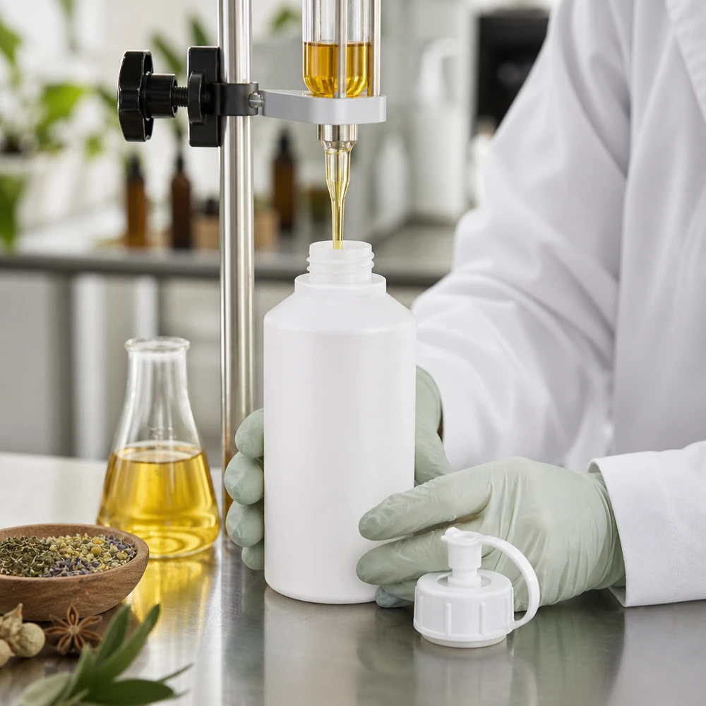 PET cilinderfles 50ml wit met sproeisluiting wit HDPE-apothekersflesje van 50 ml naast een Erlenmeyer-kolf met geel extract en gedroogde kruiden