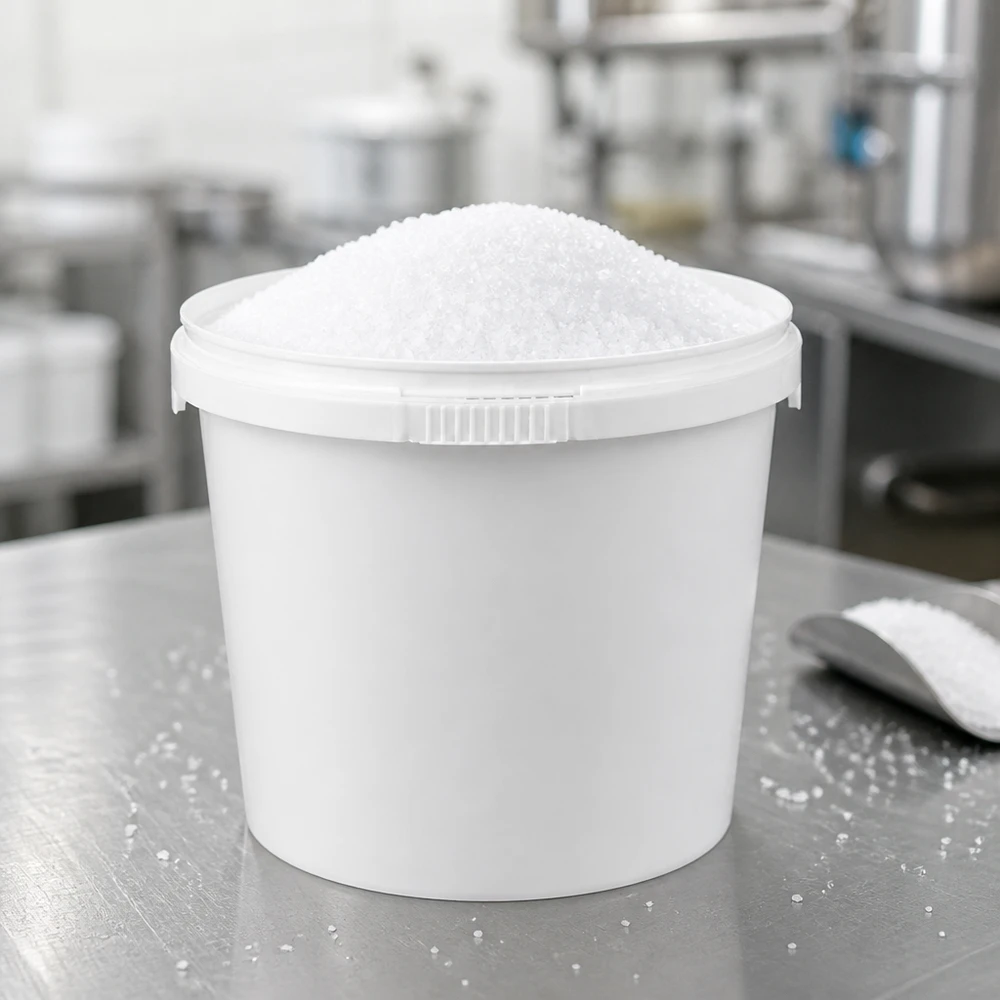 Veelzijdige voorraademmer van 1 liter, gemaakt van wit PP en gevuld met zout, op een metalen werkblad