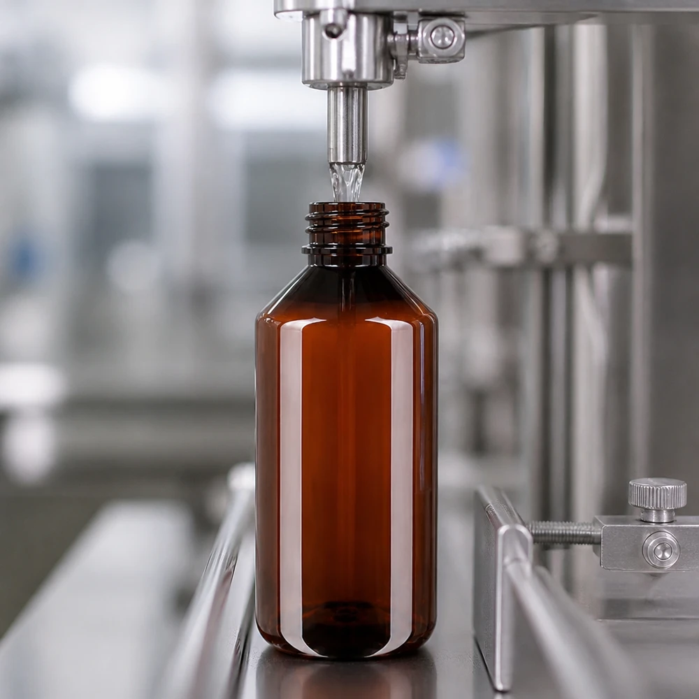 PET fles 1000ml met witte flip-top dop. Farmaceutische fles van 1000 ml, bruin, met UV-bescherming en klapsluiting, wordt machinaal gevuld