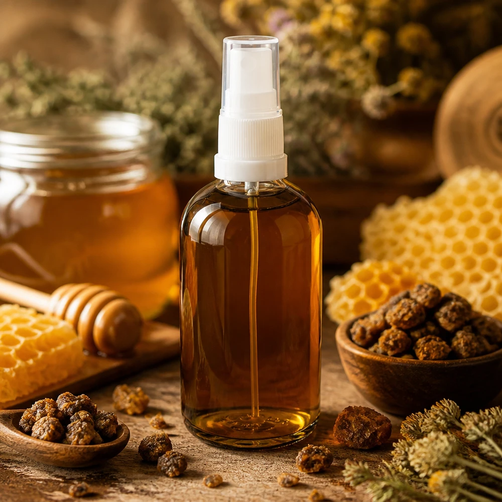 Amberkleurige spuitfles van 100 ml met honing en honingraat – natuurlijke cosmetica-verpakking ClearLine