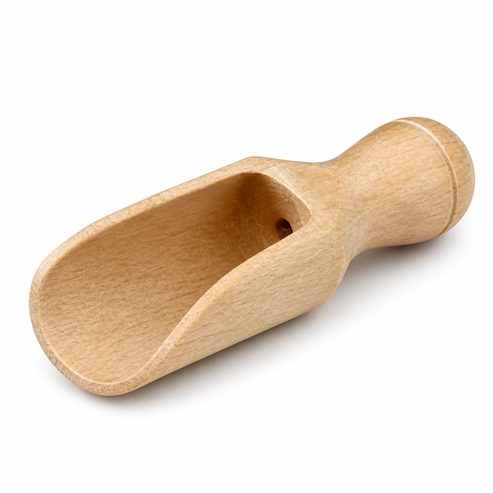 Houten schepje XS van beukenhout met ergonomisch handvat en halfrond schepje voor nauwkeurig doseren van kruiden