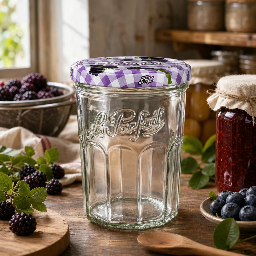Le Parfait bekers 385 ml in een rustieke keuken versierd met verse bessen en zelfgemaakte jam
