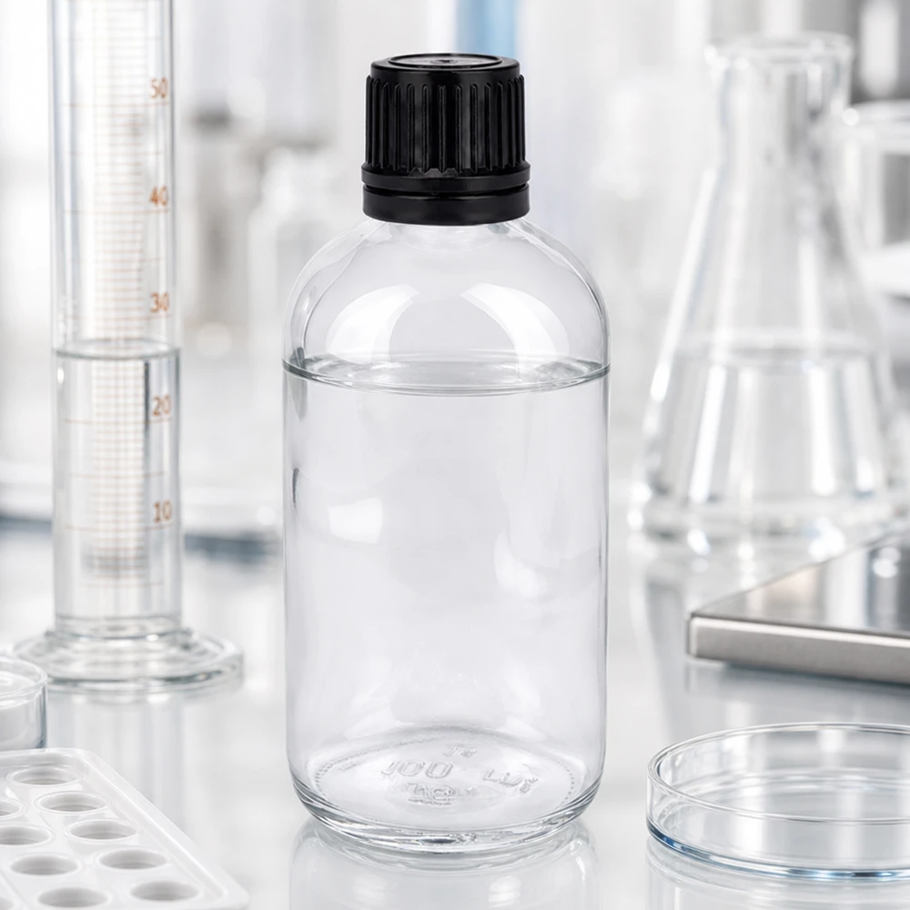 100ml (Globul)Flas. 8mm GR s. STD ClearL. UT18/100 Doorzichtige laboratoriumfles van 100 ml met een 8 mm-globuleflesje en een zwarte kunststof dop