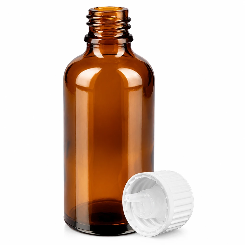 Klein 50ml BrownLine glazen flesje met witte druppelaar, ideaal voor essentiële oliën en tincturen