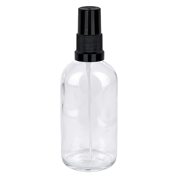 100ml spuitfles zwart STD ClearLine UT18/100 Doorzichtige glazen fles van 100 ml met zwarte verstuiver STD ClearLine UT18/100