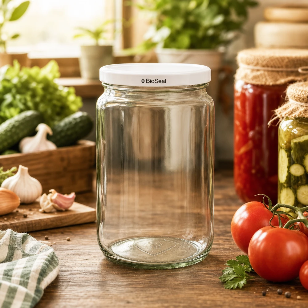 795ml rond glas met BioSeal deksel wit UNiTWIST UNiTWIST Runda795 inmaakpot in keuken met verse groenten - perfect voor inmaak en conserven
