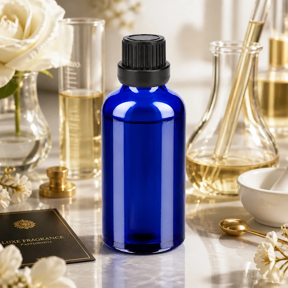 Professionele cosmeticafles 50ml kobaltblauw met zwarte SV-dop voor serums