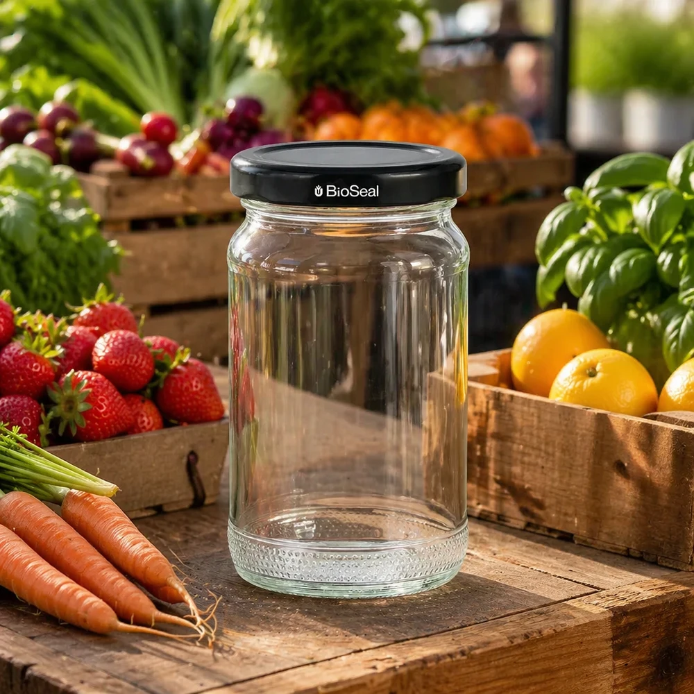 110ml rond glas met BioSeal deksel zwart UNiTWIST UNiTWIST Runda110 lege inmaakpot met zwart TO48 BioSeal deksel omringd door vers fruit en groenten