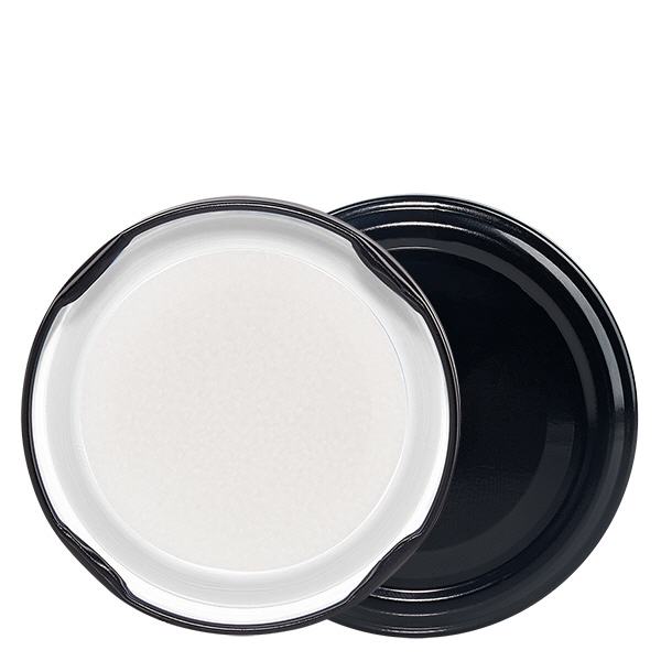 63mm BioSeal deksel zwart (TO63) UNiTWIST UNiTWIST TO63 zwarte inmaakdeksel met BioSeal-afdichting – detailbeeld boven en onder