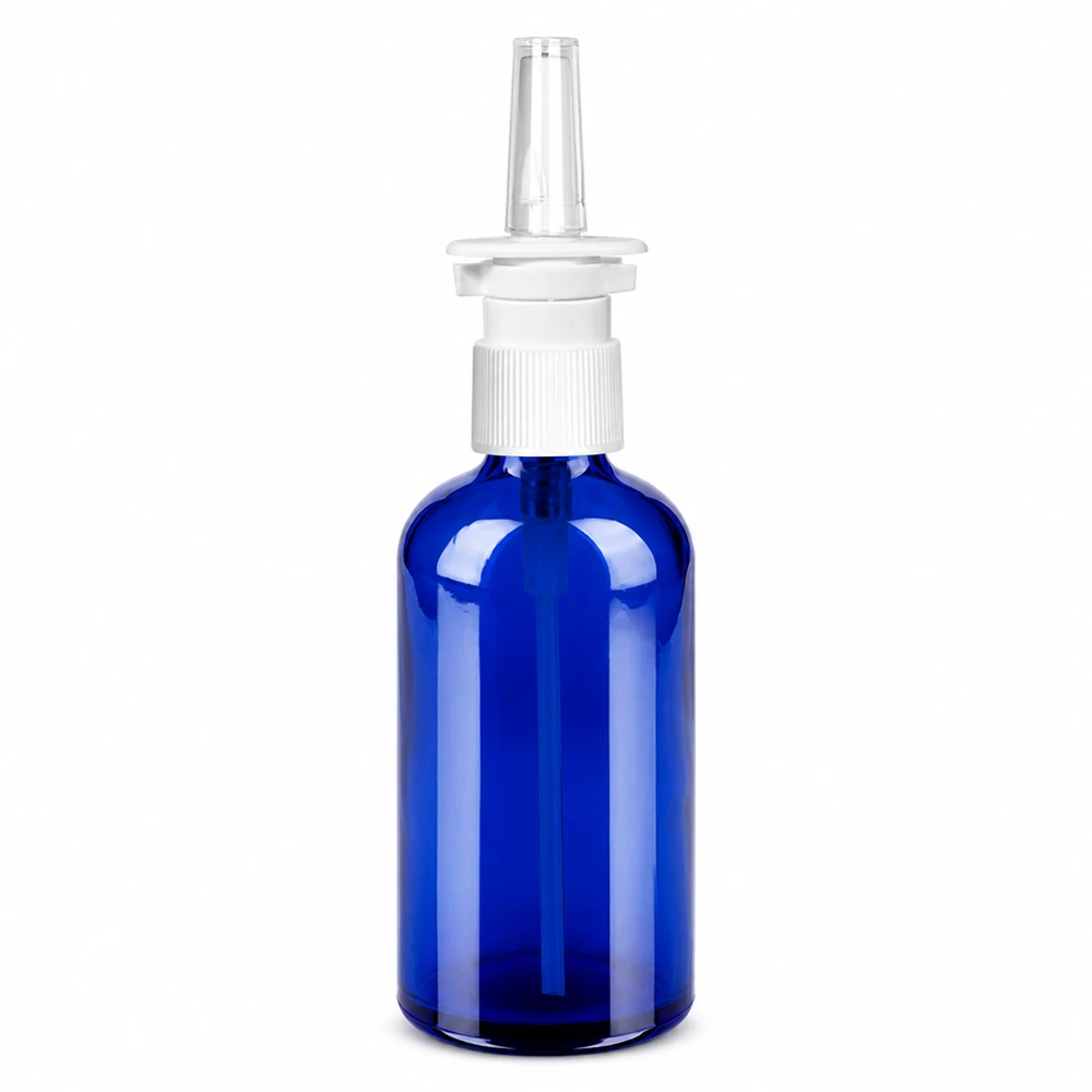 100ml neusspray flacon w./tr. STD BlueLine UT18/100 Blauwe glazen neussprayfles van 100 ml met wit sprayhulpstuk voor medische toepassingen