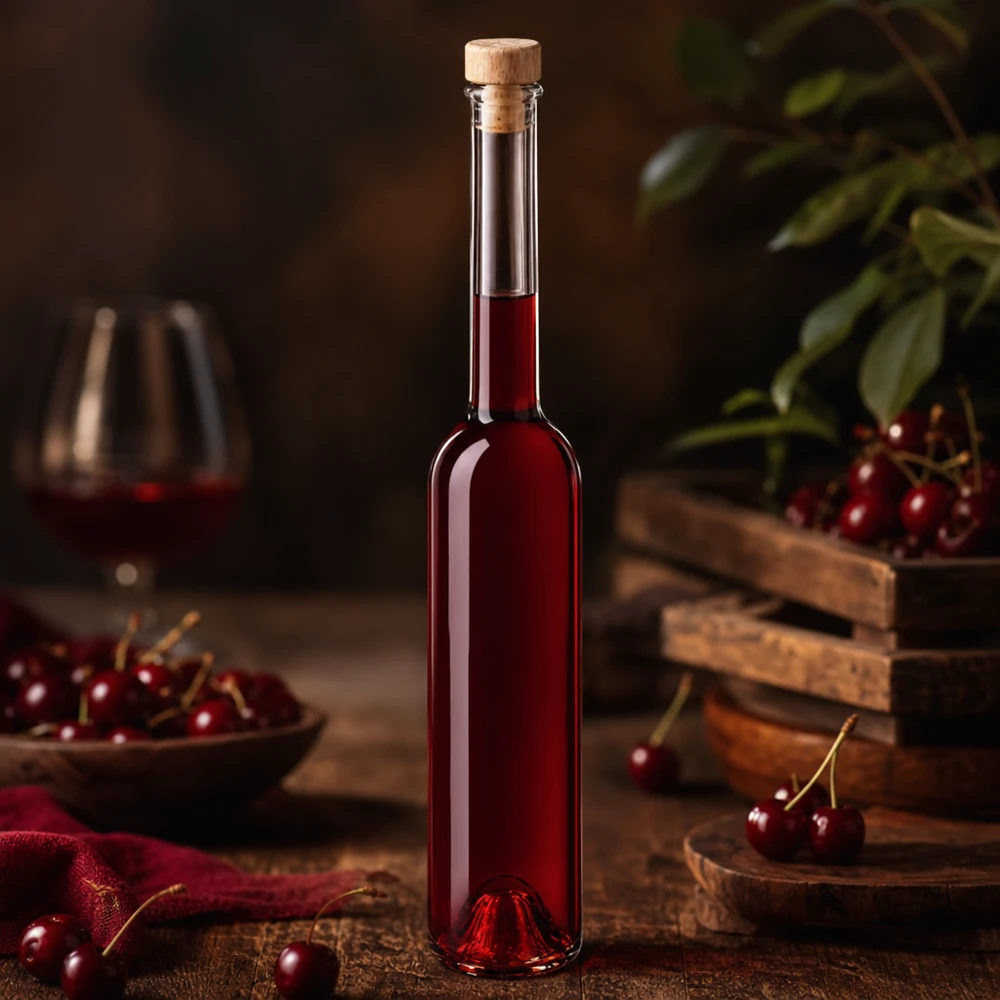 100ml glazen fles Hugo gevuld met rode kersenlikeur in een gezellige wijnsfeer met verse kersen en houten decoratie