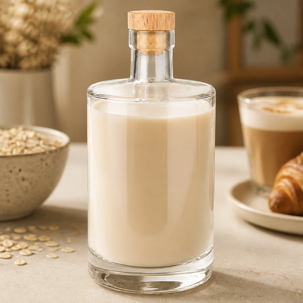 700 ml Marie-glazen fles met romige havermelk en houten kurk naast havervlokken en koffiekopje