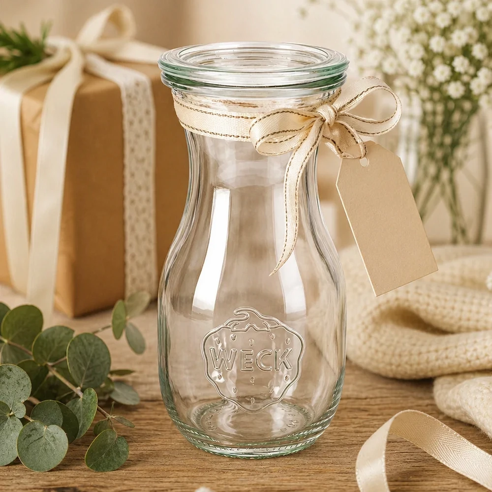 WECK sapfles 290ml RR60 als cadeau-idee versierd met strik en label naast geschenkdoos en bloemen