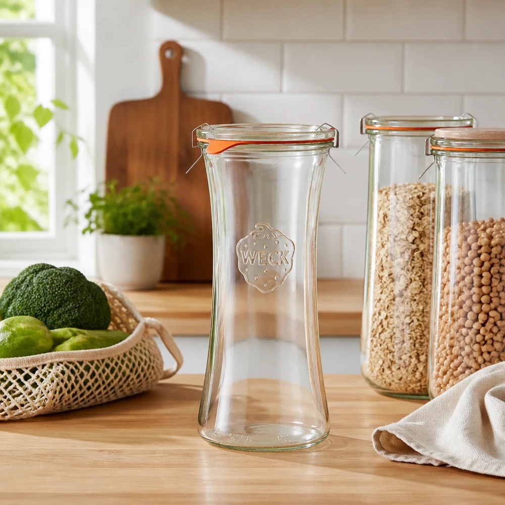 700ml delicatessenglas compleet WECK RR40 WECK RR80 delicatessenpot 700ml leeg op houten aanrecht in lichte keuken met avocado, limoenen en voorraadpotten