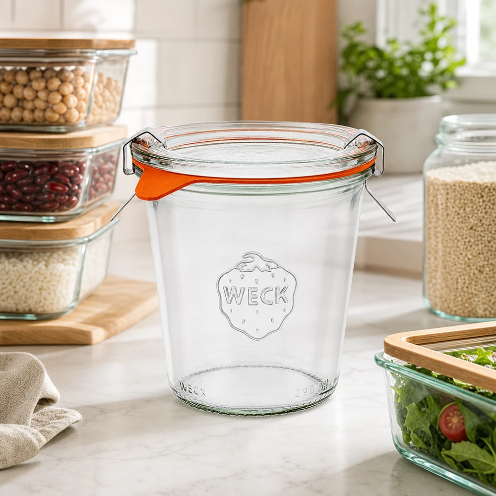 WECK inmaakpot 290ml RR80 met oranje rubberen ring en swing top in moderne keuken met voorraadpotten