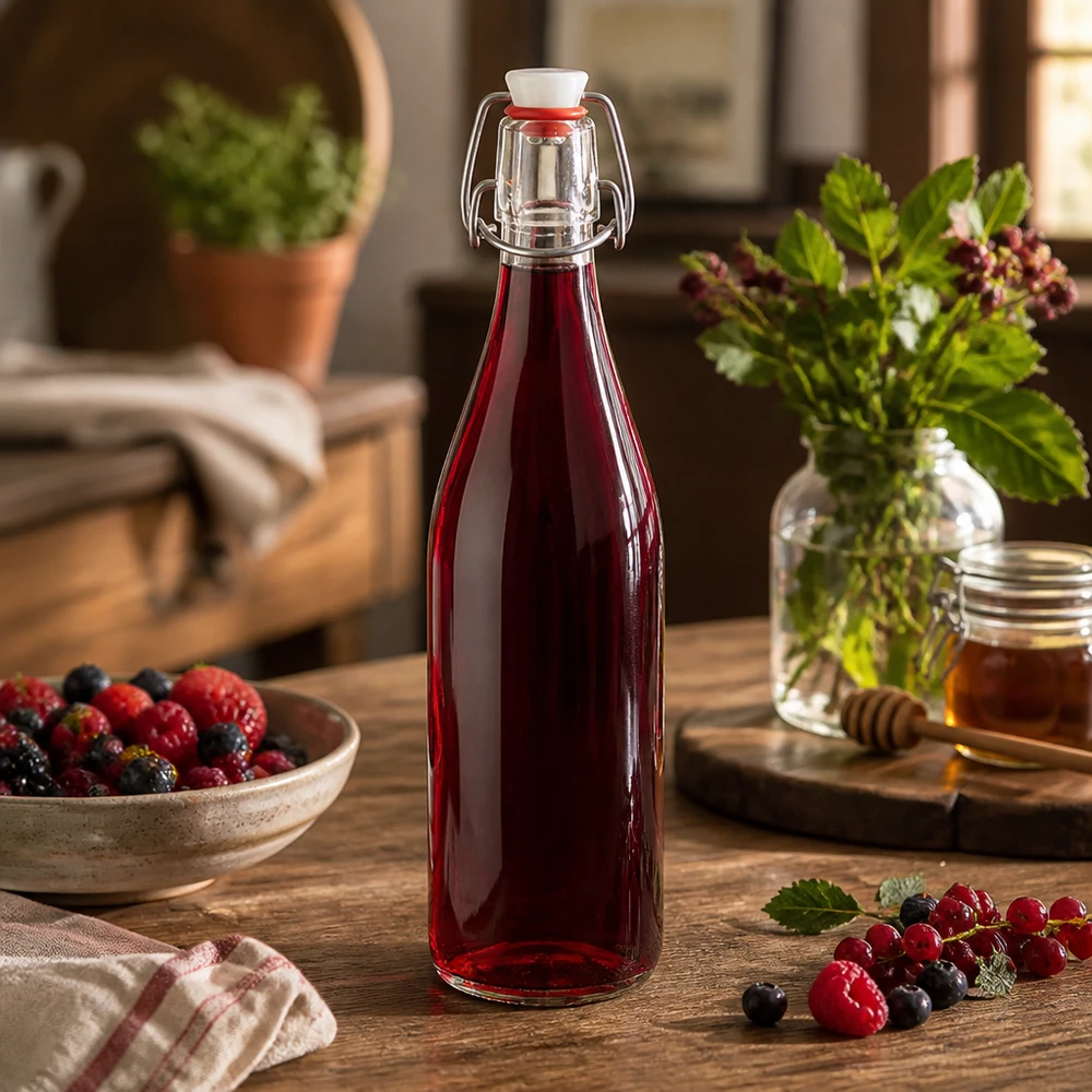 Glazen fles van 500 ml + porseleinen slingerdop UN... 500 ml glazen fles met draaidop met rode bessensap op houten tafel naast verse bessen en honing in keuken
