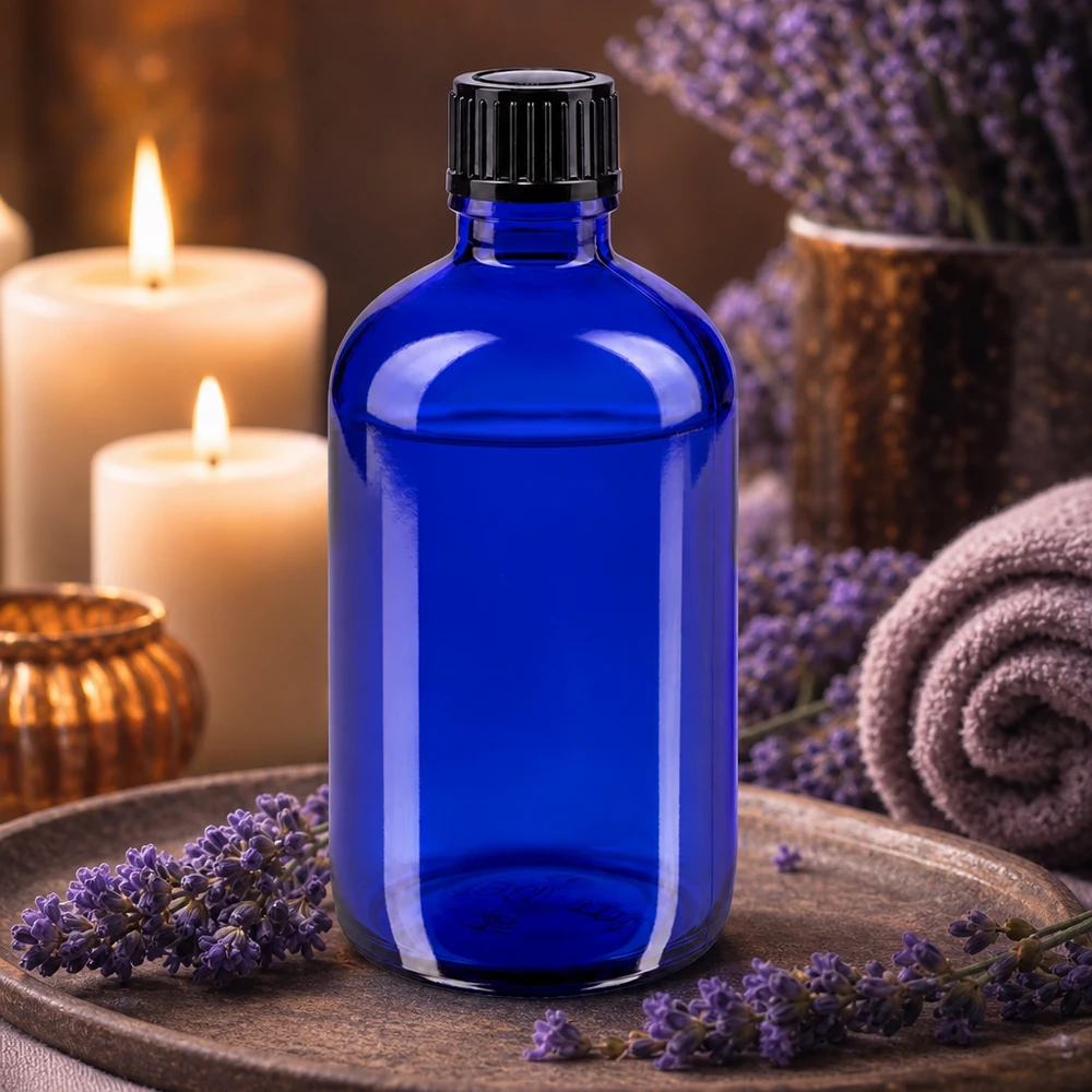 Stevige blauwe apothekersfles van 100 ml (STD) met zwarte schroefdop in spa-sfeer