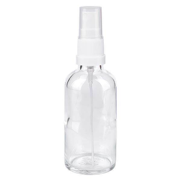 Helder glazen flessen 50ml met wit pompverstuiver Helder glazen flessen 50ml met wit pompverstuiver